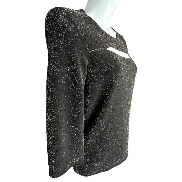 A. Byer Women's Crew Neck 3/4 Sleeve Glittering Cut Out Keyhole Top Black Large - Picture 2 of 8